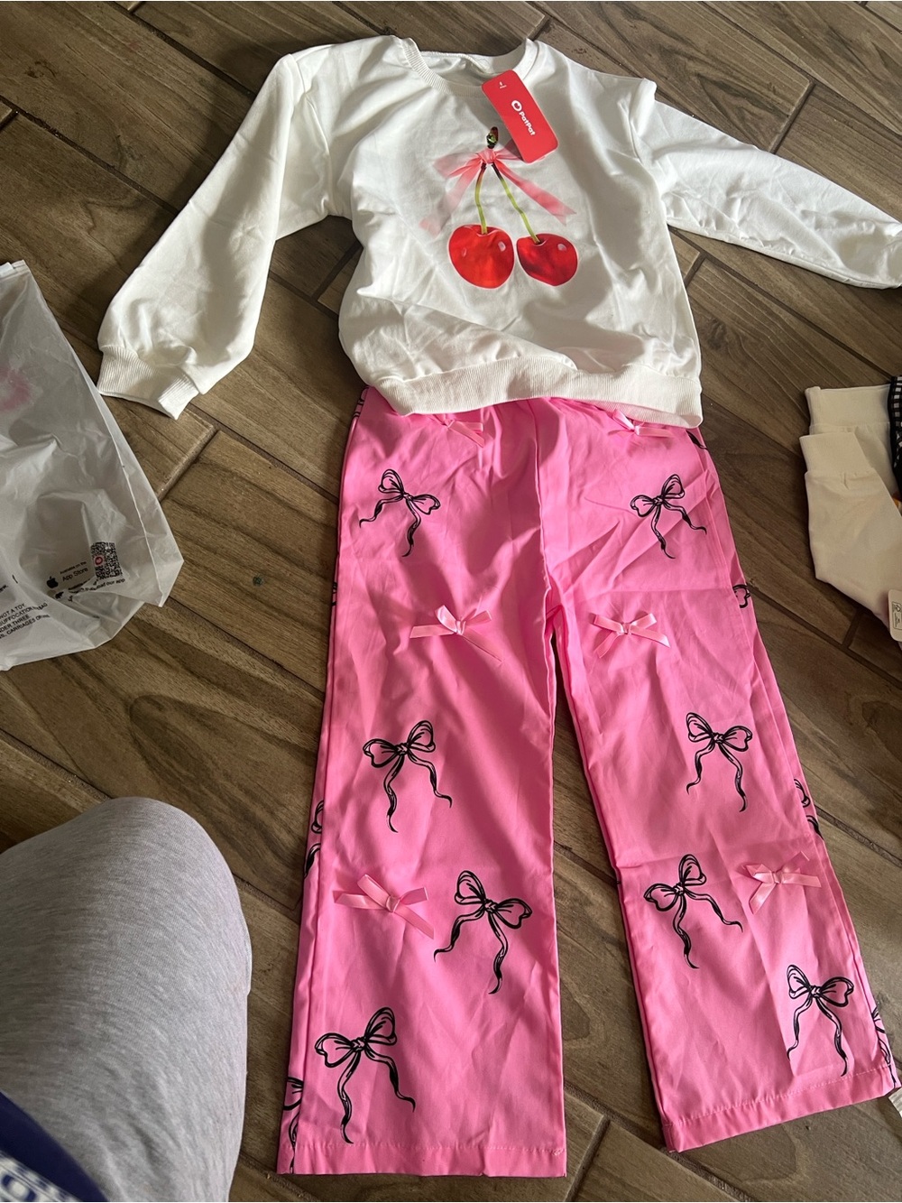 PatPat White Cherry Graphic Top with Pink Bow Print Pajama Set